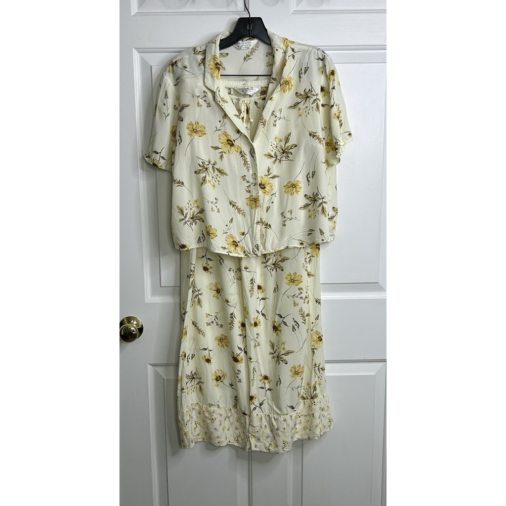 Primark Pajama Set Women's Medium Button Up Top + Pants Yellow Floral READ